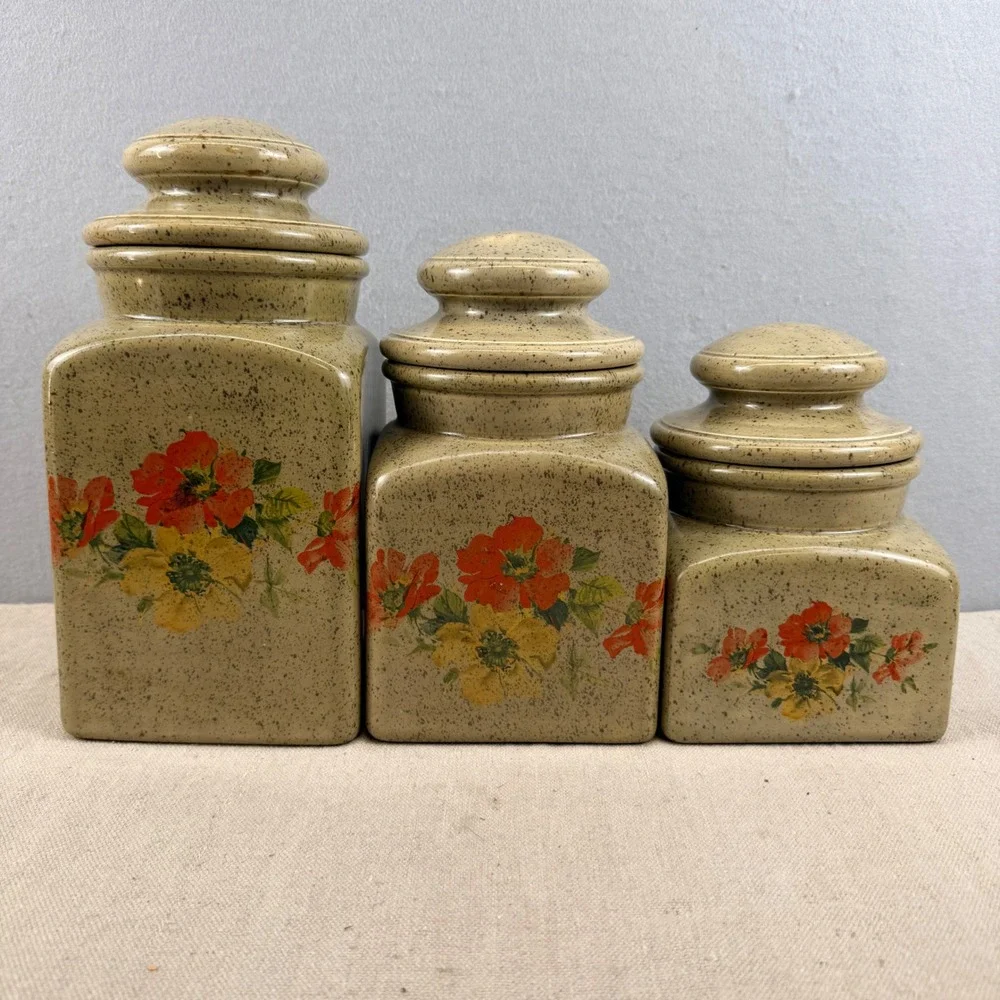 Vintage Clara's Ceramics Floral‎ Canister Set 3 Speckled Stoneware Retro Kitchen